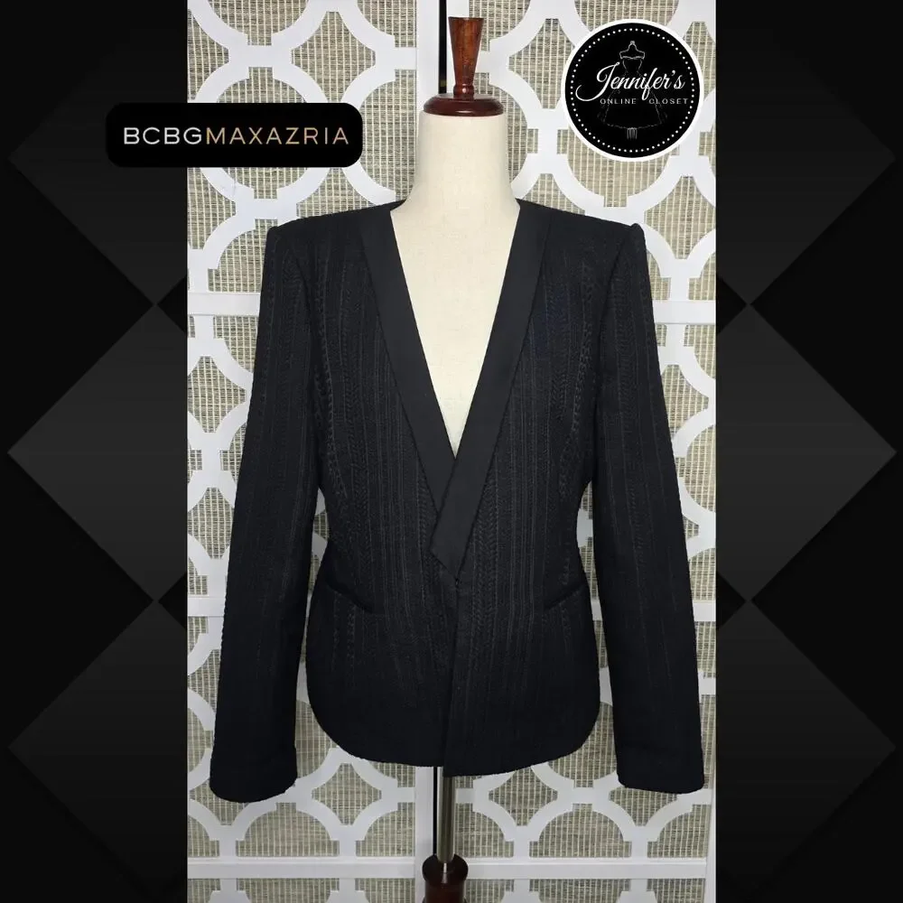 BCBGMaxAzria Black Textured Striping Pattern Crop Blazer Size L